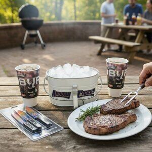 Auburn Football 7-Piece Fan Set – Metal Drink Bucket, 2 Cups & 4 NEW Steak Knive
